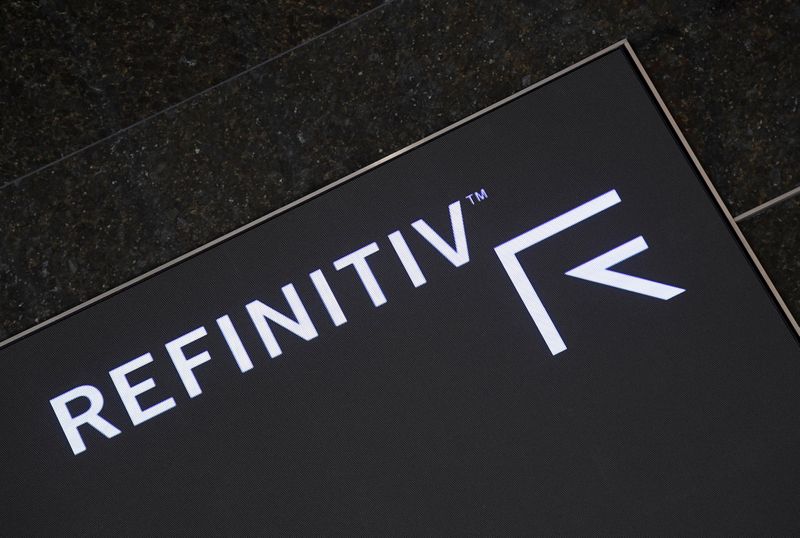 &copy; Reuters. FILE PHOTO: The Refinitiv logo is seen on a screen in offices in Canary Wharf in London
