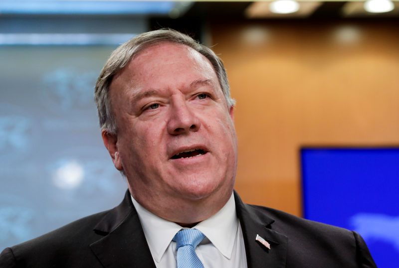 &copy; Reuters. FILE PHOTO: U.S. Secretary of State Pompeo speaks during a joint briefing about the International Criminal Court in Washington