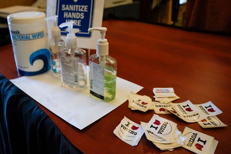 &copy; Reuters. Bottles of hand sanitizer sit on a table at the Butler County Board of Elections office in Hamilton