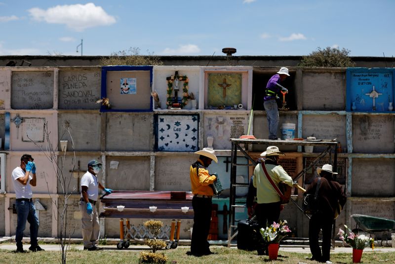 © Reuters. FILE PHOTO: Funeral workers stand by the coffin of a woman, who died of the coronavirus disease (COVID-19), as musicians stand next to them at the Municipal cemetery in Nezahualcoyotl