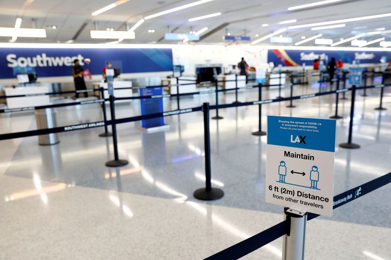 &copy; Reuters. FILE PHOTO: Social distancing sign is displayed at a check-in area for Southwest Airlines Co. at Los Angeles International Airport (LAX) on an unusually empty Memorial Day weekend during the outbreak of the coronavirus disease (COVID-19) in Los Angeles