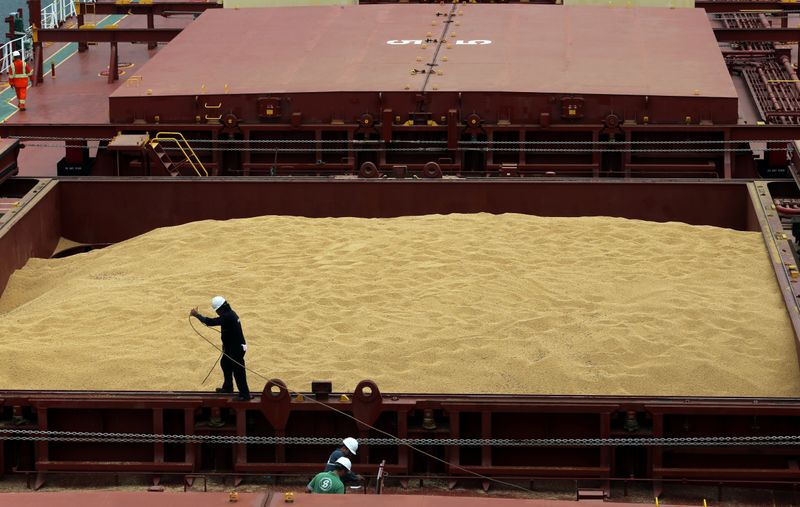 © Reuters. Navio carregado com soja para exportação no Porto de Santos (SP)