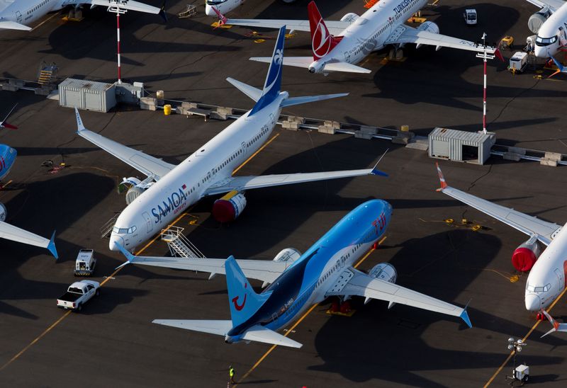 &copy; Reuters. Boeing 737 Max aircraft are parked in a parking lot at Boeing Field in this aerial photo over Seattle