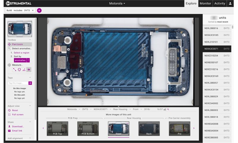 © Reuters. Screen shot of partially assembled Motorola mobile phones from a software system built by Instrumental Inc, a Palo Alto