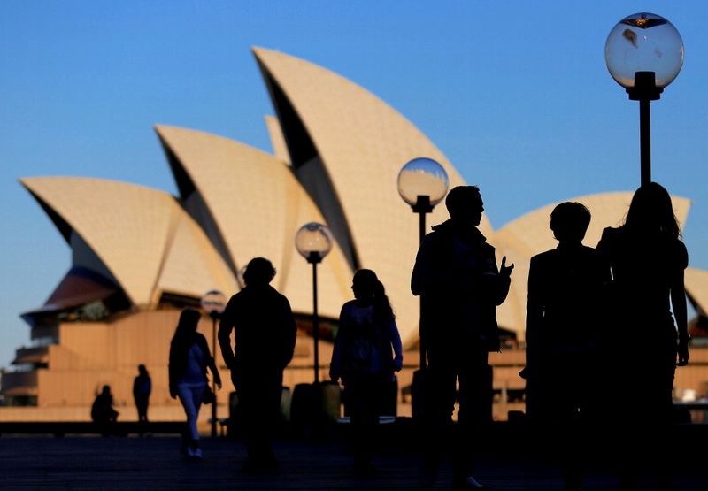 &copy; Reuters. FILE PHOTO: People are silhouetted against the Sydney Opera House at sunset in Australia