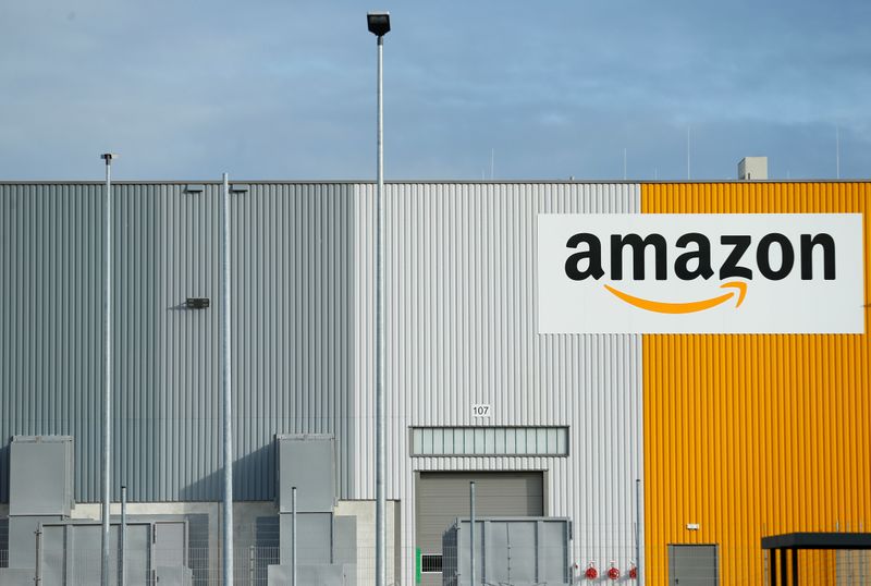 &copy; Reuters. FILE PHOTO - A view of the Amazon logistic center with the company&apos;s logo in Dortmund