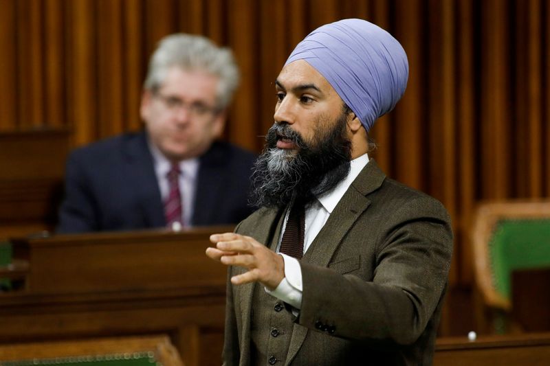 &copy; Reuters. FILE PHOTO: Canada&apos;s New Democratic Party leader Jagmeet Singh speaks during a sitting of the House of Commons on Parliament Hill in Ottawa