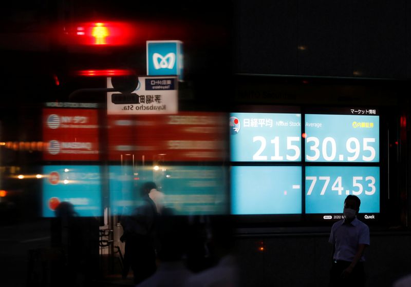 &copy; Reuters. FILE PHOTO: A man wearing a protective face mask, following the coronavirus disease (COVID-19) outbreak, is silhouetted in front of a stock quotation board outside a brokerage in Tokyo