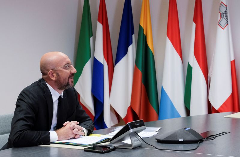 &copy; Reuters. EU leaders hold a virtual meeting to discuss the bloc&apos;s budget and recovery fund, in Brussels