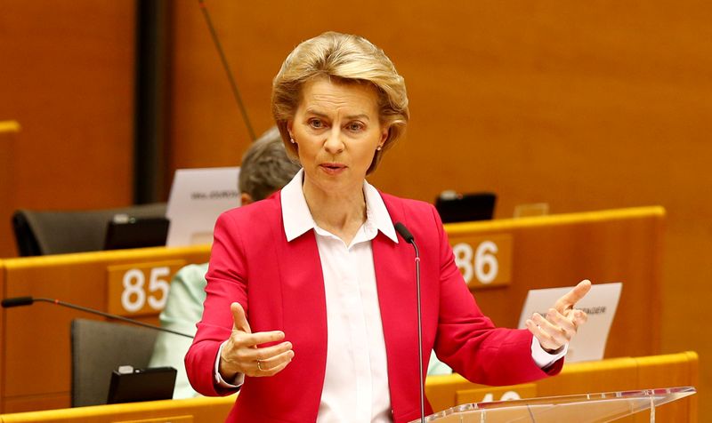 © Reuters. FILE PHOTO: European Commission President Ursula von der Leyen addresses the Plenary of the European Parliament, amid the coronavirus disease (COVID-19) outbreak, in Brussels