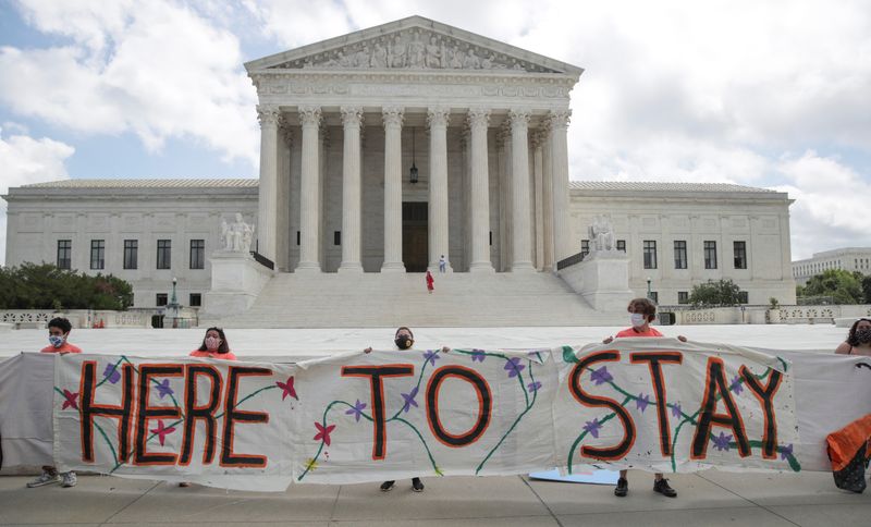 &copy; Reuters. DACA recipients and supporters celebrate outside U.S. Supreme Court after the court ruled that U.S. President Trump&apos;s move to rescind the Deferred Action for Childhood Arrivals (DACA) program is illegal in Washington