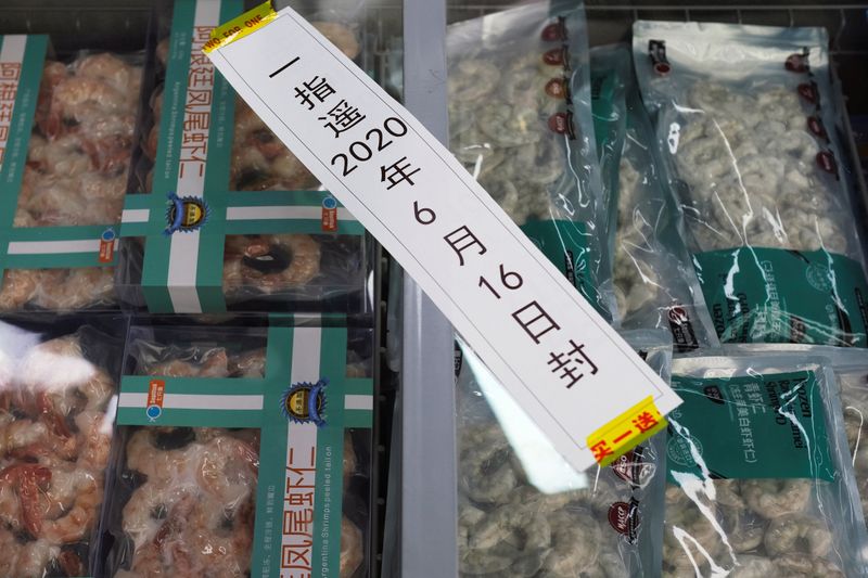 &copy; Reuters. Frozen seafood products made of imported shrimps are seen inside a sealed freezer at a supermarket in Beijing