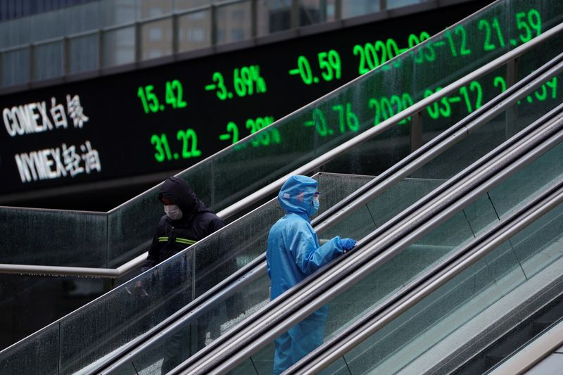 © Reuters. Pedestre passa por painel com informações do mercado acionário em Xangai