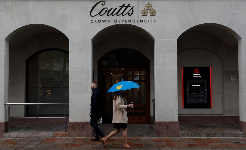 © Reuters. FILE PHOTO: Pedestrians pass a branch of Coutts bank in St Helier, Jersey