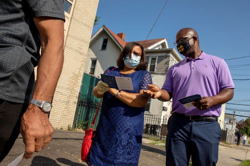 &copy; Reuters. FILE PHOTO: Jamaal Bowman campaigns for congress at a polling place in Mt. Vernon, New York