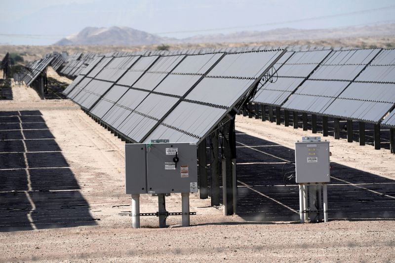 &copy; Reuters. FILE PHOTO: Arrays of photovoltaic solar panels are seen at the Tenaska Imperial Solar Energy Center South as the spread of the coronavirus disease (COVID-19) continues in this aerial photo taken over El Centro, California