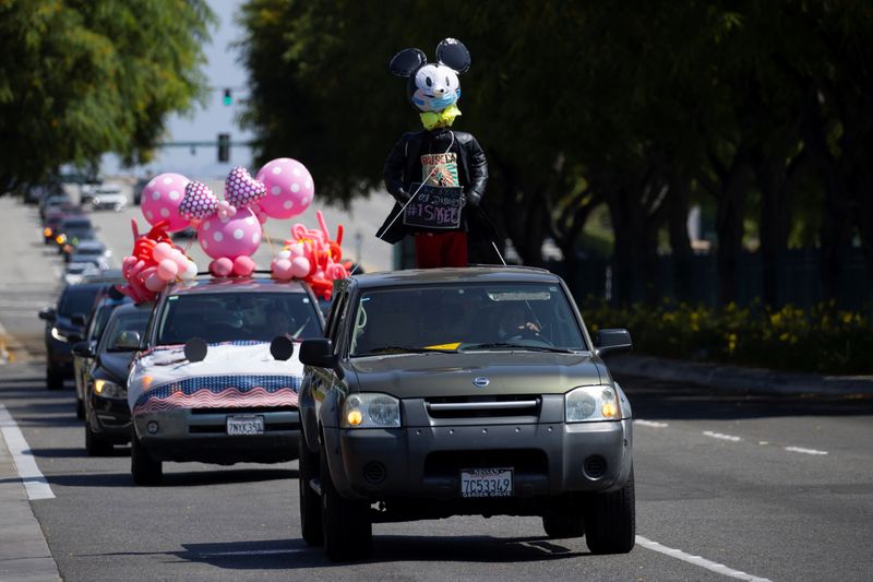 &copy; Reuters. Disney cast members stage a car caravan outside Disneyland California, calling for higher safety standards for Disneyland to reopen