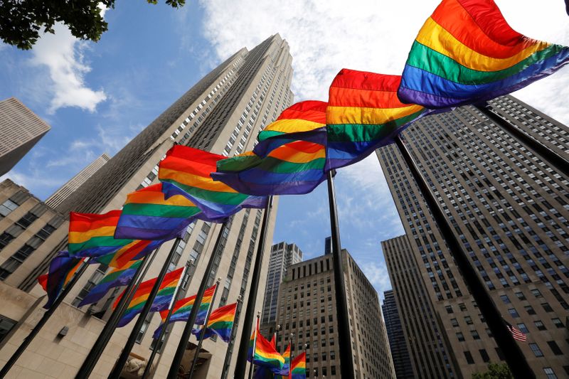 &copy; Reuters. Rainbow flags fly at Rockefeller Center in midtown Manhattan in support of the LGBT community in New York