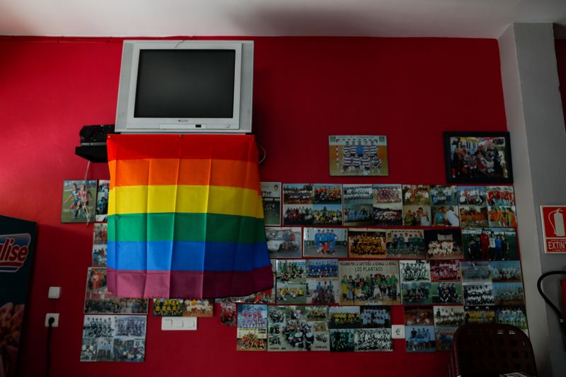 &copy; Reuters. A rainbow flag is seen inside a bar during the International LGBT Pride Day, in Villanueva de Algaidas