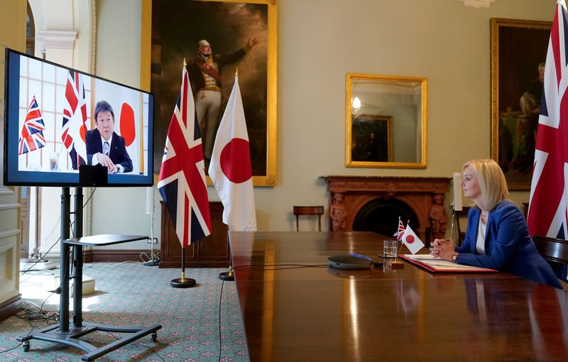 &copy; Reuters. Britain&apos;s Secretary of State of International Trade and Minister for Women and Equalities Liz Truss attends a joint videoconference with Japan&apos;s Minister for Foreign Affairs Toshimitsu Motegi, in London