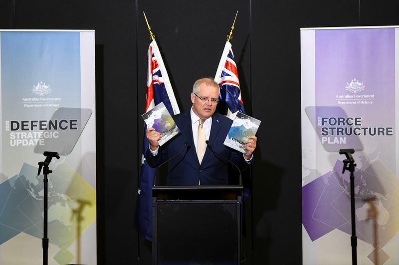 &copy; Reuters. Australian PM Morrison speaks during the launch of the 2020 DefenceStrategic Update in Canberra