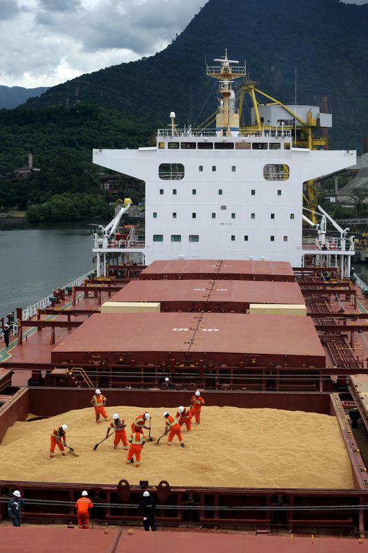 &copy; Reuters. Navio carregado com soja para exportação no porto de Santos (SP)