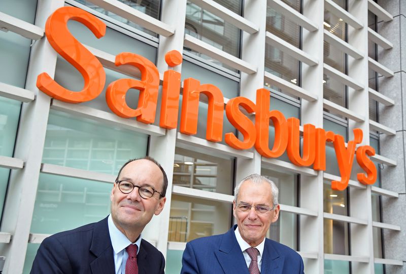 © Reuters. Coupe, CEO of Sainsbury's and Scicluna, Chairman of Sainsbury's, pose for a portrait at the company headquarters in London
