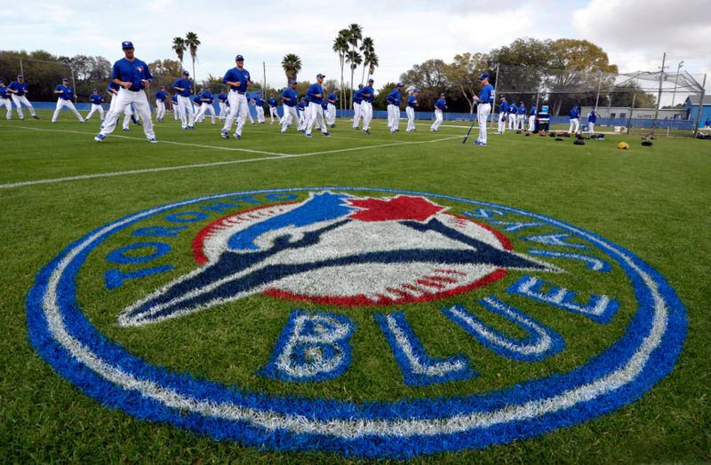&copy; Reuters. Blue Jays pitchers and catchers stretch behind the new Blue Jays logo painted on the practice field at their MLB American League spring training facility in Dunedin