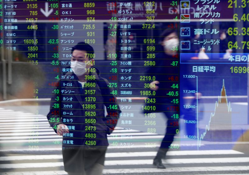 &copy; Reuters. Passersby wearing protective face masks are reflected on a screen displaying stock prices outside a brokerage in Tokyo