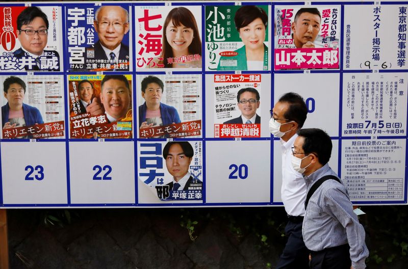 &copy; Reuters. Passersby wearing a protective face masks walk past candidates posters for the upcoming Tokyo Governor election during the spread of the coronavirus disease (COVID-19) continues, in Tokyo