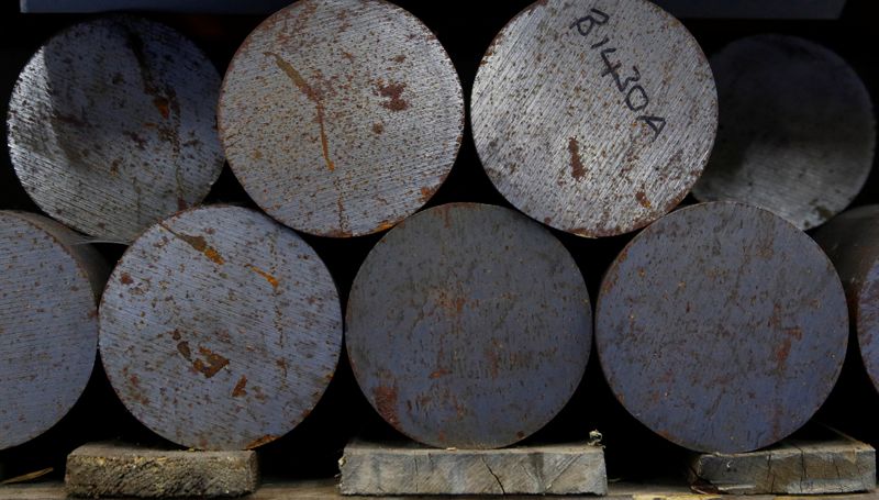 © Reuters. Bars of steel are seen on a storage shelf at Swiftool Precision Engineering Ltd's facility near Mansfield