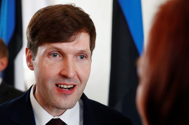 &copy; Reuters. FILE PHOTO: Estonia&apos;s Finance Minister Martin Helme of far-right EKRE Party reacts after the swearing-in of the incoming coalition government in Tallinn