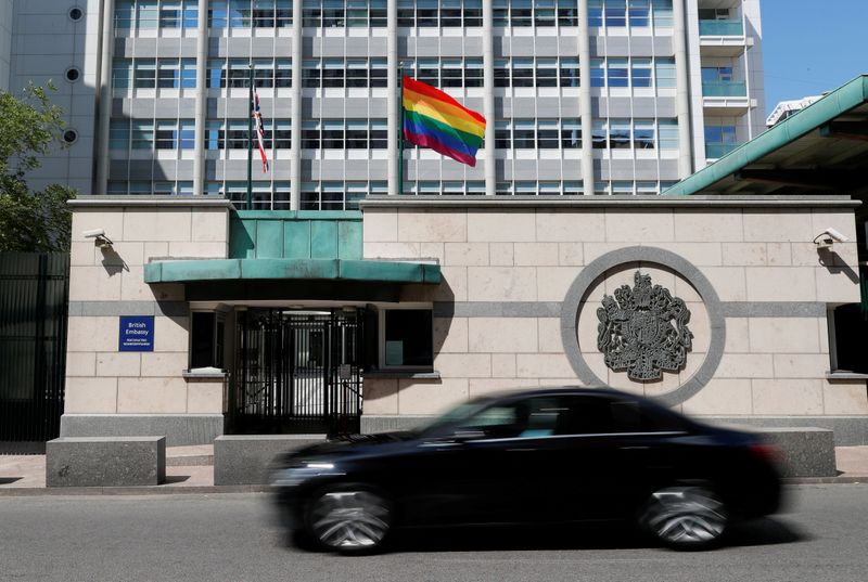 &copy; Reuters. FILE PHOTO: A rainbow flag flies in support of the LGBT community at the British Embassy in Moscow