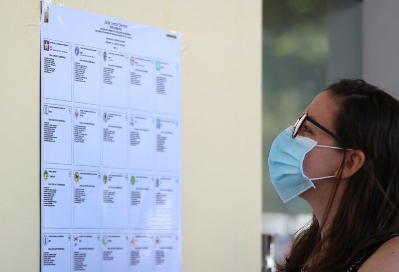 © Reuters. Una mujer con una mascarilla busca su nombre en las listas de mesas de votación en Santo Domingo, República Dominicana, marzo 2020. FOTO DE ARCHIVO. REUTERS/Ricardo Rojas