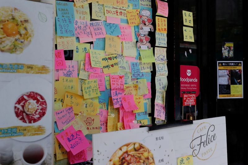 &copy; Reuters. FILE PHOTO: Memo papers with protest slogans are seen outside a &quot;yellow&quot; restaurant, a business that supports the pro-democracy movement, after the new national security law legislation in Hong Kong