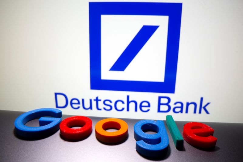 © Reuters. A 3D printed Google logo is placed in front of a display of the Deutsche bank logo