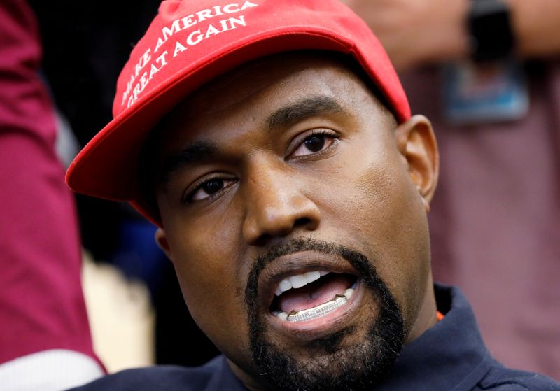 © Reuters. FILE PHOTO: Rapper Kanye West speaks during meeting with U.S. President Trump at the White House in Washington