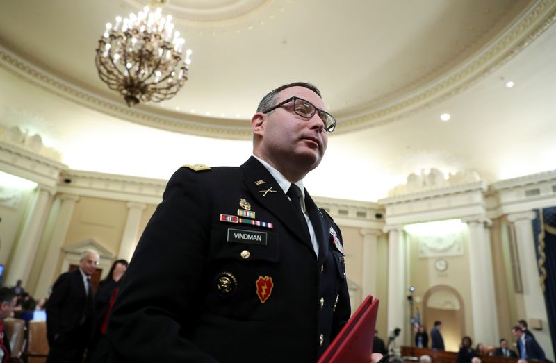 &copy; Reuters. Lt Colonel Vindman testifies at House Intelligence Committee hearing on Trump impeachment inquiry on Capitol Hill in Washington