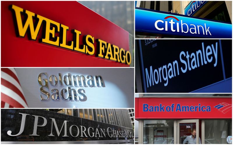 &copy; Reuters. A combination file photo shows Wells Fargo, Citigbank, Morgan Stanley, JPMorgan Chase, Bank of America, JPMorgan, and Goldman Sachs from Reuters archive