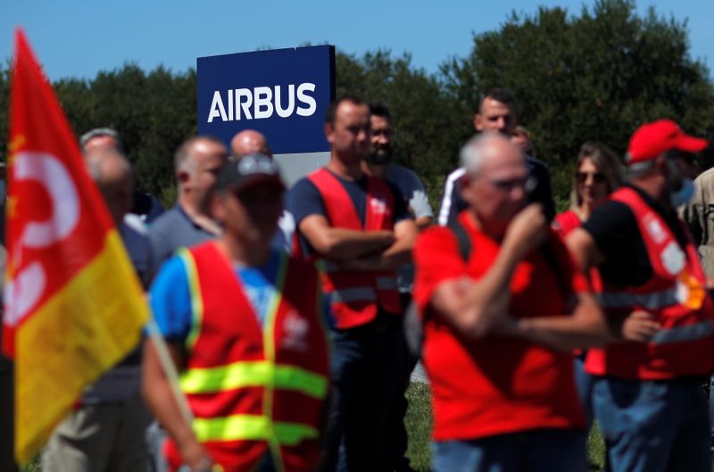 &copy; Reuters. CGT union members gather during a demonstration in front of the Airbus facility in Montoir-de-Bretagne