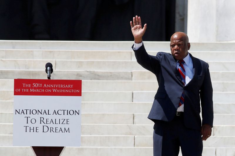 &copy; Reuters. FILE PHOTO:  U.S. Rep. John Lewis speaks at the 50th anniversary ceremony of the 1963 March ceremony at the Lincoln Memorial on Washington