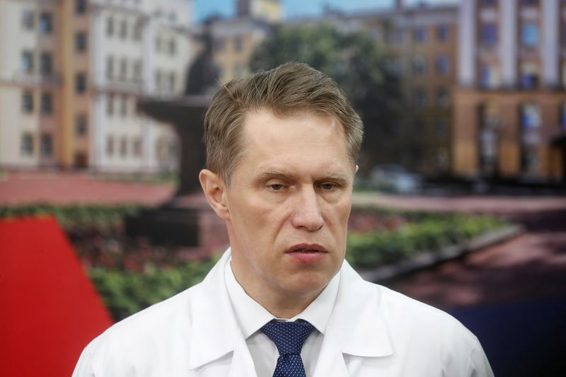 &copy; Reuters. FILE PHOTO: Russian Minister of Health Murashko speaks during a demonstration prior to the opening of a new section for treatment of patients affected by the coronavirus disease at a hospital in Moscow