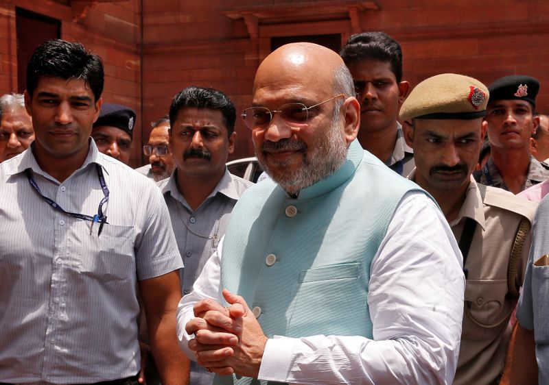 &copy; Reuters. India&apos;s newly appointed Home Minister Amit Shah greets the media upon his arrival at the home ministry in New Delhi