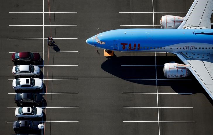 &copy; Reuters. FILE PHOTO: A grounded TUI Airways Boeing 737 MAX aircraft is seen parked at a Boeing employee parking lot at Boeing Field in Seattle