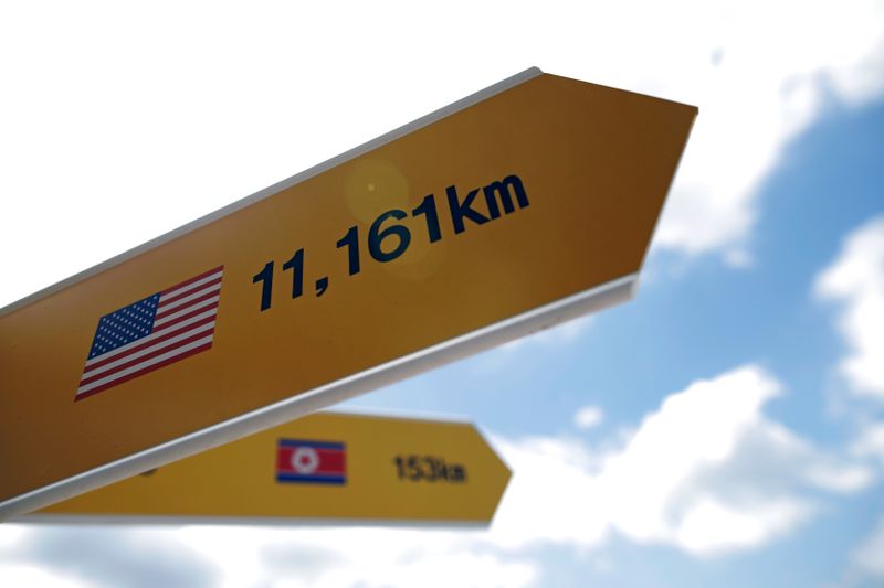 &copy; Reuters. Directional signs bearing North Korean and U.S. flags are seen near the demilitarized zone in Paju