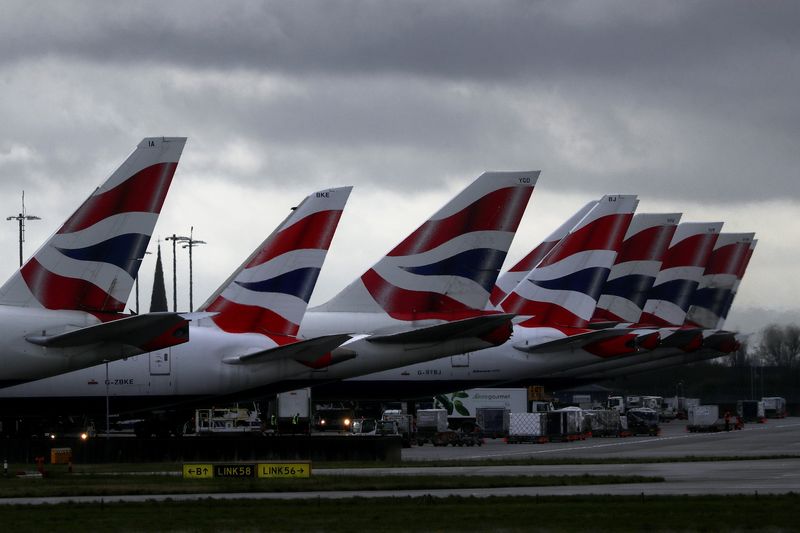 &copy; Reuters. FILE PHOTO: BA planes tail fins are seen near Terminal 5 at Heathrow Airport