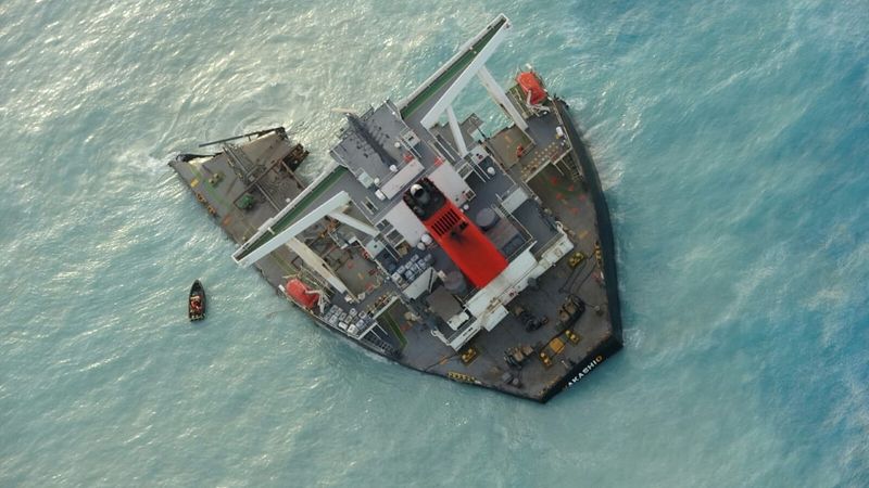 &copy; Reuters. A part of the Japanese-owned bulk carrier MV Wakashio which ran aground, is seen in this August 21, 2020 picture obtained from social media, off the coast of Mauritius