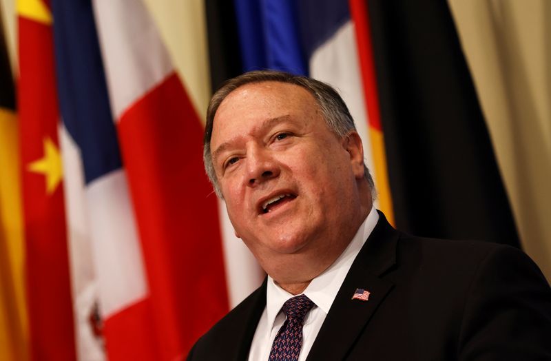 &copy; Reuters. U.S. Secretary of State Pompeo visits United Nations to submit complaint to Security Council calling for restoration of sanctions against Iran at U.N. headquarters in New York