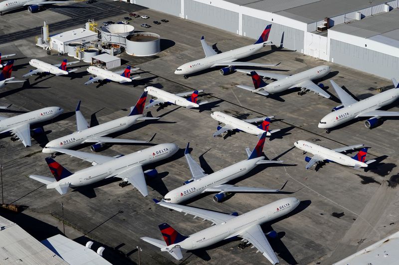 &copy; Reuters. Delta Air Lines passenger planes parked in Birmingham