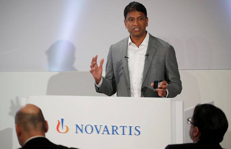 &copy; Reuters. FILE PHOTO: CEO Vas Narasimhan of Swiss drugmaker Novartis addresses the company&apos;s annual news conference in Basel